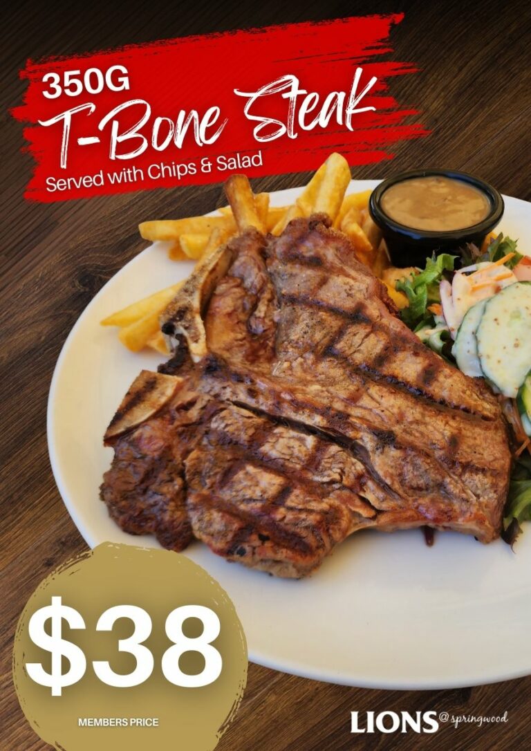350G T-Bone steak with chips, salad, and sauce on a plate – March special at Lions@Springwood.