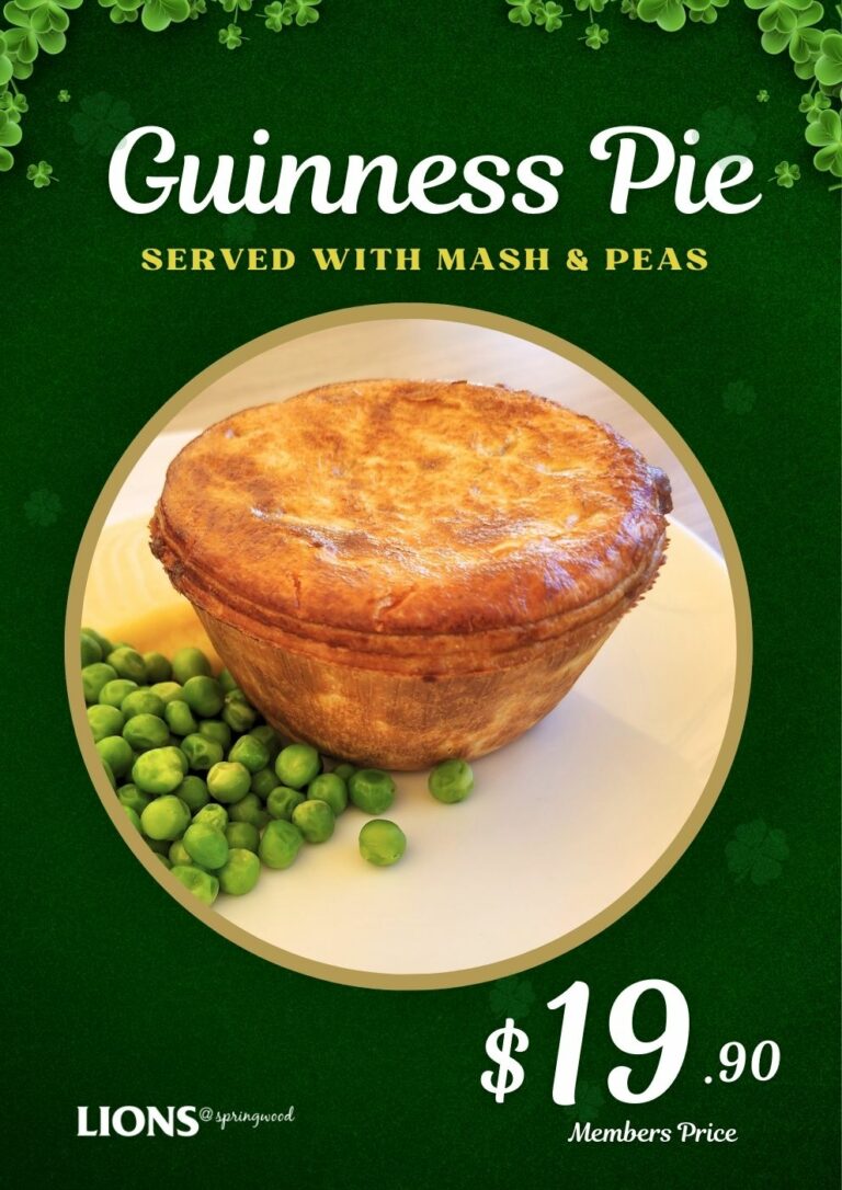 Golden-brown Guinness Pie served with mashed potatoes and green peas on a white plate – March special at Lions@Springwood. Let me know if you’d like any refinements! 😊